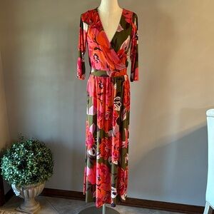 Curations faux wrap maxi dress floral surplice Jersey stretch 3/4 sleeves Small